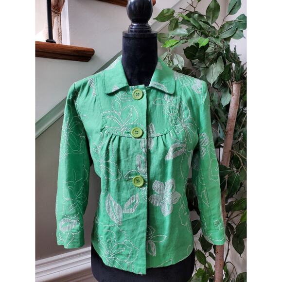 JM Collection Women Green Floral 100% Linen Long Sleeve Buttons Front Jacket 6P - Picture 12 of 12